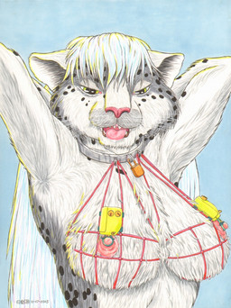 anthro bdsm bodily_fluids bondage bound breasts collar drooling female lock looking_at_viewer nipples open_mouth padlocked_collar saliva sex_toy solo teasing tongue vibrator rivercoon felid mammal pantherine snow_leopard 2015 traditional_media_(artwork)