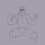 anthro black_eyebrows bottomwear bulge clothed clothed_anthro clothed_male clothing erection erection_under_clothing eyebrows facial_hair fist grey_background growth male muscle_growth shirt simple_background sitting smile solo spread_legs spreading tank_top teeth topwear veiny_arms yellow_eyes melaisen bau_(melaisen) akita canid canine canis domestic_dog mammal spitz 1:1 2021 absurd_res digital_drawing_(artwork) digital_media_(artwork) greyscale hi_res monochrome portrait spot_color three-quarter_portrait nonbinary_(lore)