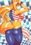 abstract_background american_flag anthro arm_tuft big_breasts bottomwear breasts butt butt_cleavage clothing denim denim_bottomwear denim_clothing dipstick_ears dipstick_tail ear_markings elbow_tuft female fingerless_gloves gloves hair hand_on_head handwear inner_ear_fluff jeans kemono long_hair looking_at_viewer looking_back markings midriff multicolored_ears multicolored_tail nipple_outline open_mouth pants rear_view red_eyes shirt solo tail tail_markings tank_top topwear tuft united_states_of_america whiskers wide_hips amakuchi foxy-rena canid canine fox mammal 2016