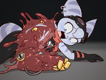 anthro blue_eyes bodily_fluids body_horror clothing crawling ear_piercing ear_ring eyewear eyewear_on_head female fluffy fluffy_tail gloves goggles goggles_on_head gore handwear head_tuft mechanical_arm mutation mutilation pain piercing purple_body ring_piercing scene_interpretation scene_parody screaming solo striped_body stripes suffering tail tears transformation tuft e254e akira_(film) ratchet_and_clank sony_corporation sony_interactive_entertainment rivet_(ratchet_and_clank) tetsuo_shima flesh_creature lombax mammal 4:3 absurd_res hi_res