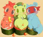 anthro blue_body blue_fur clothing female food fur green_body green_fur group hat headgear headwear male mask red_body red_fur simple_background sushi nekokagebevil happy_tree_friends flaky_(htf) flippy_(htf) splendid_(htf) bear mammal porcupine rodent sciurid tree_squirrel 2015 digital_media_(artwork) hi_res