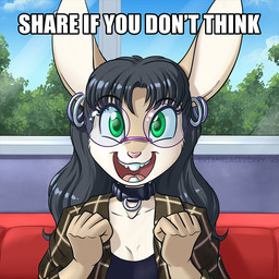 anthro black_hair buckteeth clothed clothing collar ear_piercing ear_ring eyebrow_through_hair eyebrows eyewear female flannel_shirt fur glasses green_eyes hair long_hair open_clothing open_shirt open_topwear piercing pink_nose ring_piercing round_glasses shirt solo tan_body tan_fur teeth text topwear translucent translucent_hair brian_mcpherson share_if_you_don't_think blueberry_(brian_mcpherson) hare lagomorph leporid mammal rabbit 1:1 2025 english_text meme
