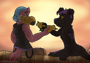 anthro beanie chest_tuft clothing duo half-closed_eyes hat headgear headwear love male male/male muscular muscular_anthro muscular_male narrowed_eyes paopu_fruit romantic romantic_couple sleeveless_hoodie smile sunset tuft yellow_sclera heffalumpjump lee_(heffalumpjump) avian bird canid canine canis domestic_dog flamingo mammal hi_res