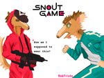 anthro gun holding_object holding_weapon male mask ranged_weapon running solo sportswear tail text tongue tongue_out weapon roberttristeart squid_game rob_(roberttristeart) borzoi canid canine canis domestic_dog hunting_dog mammal sighthound 4:3 absurd_res english_text hi_res