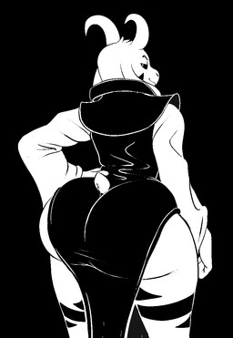 anthro big_butt bubble_butt butt clothed clothing floppy_ears fur horn huge_butt long_ears looking_at_viewer looking_back looking_back_at_viewer lop_ears male mature_anthro simple_background smile solo tail thick_thighs white_body white_fur wide_hips joenobody undertale undertale_(series) asriel_dreemurr_(god_form) boss_monster_(undertale) bovid mammal aliasing binary_drawing digital_drawing_(artwork) digital_media_(artwork) monochrome