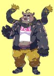 anthro belly blush bottomwear brown_body clothed clothing humanoid_hands kemono male navel overweight overweight_male pants scarf shirt simple_background solo topwear star_parlor utau in_jekuto mammal suid suine sus_(pig) wild_boar 2021 hi_res