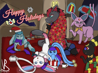 alcohol anthro arceus_symbol badge beverage bow_tie candy carpet cave cheers chocolate christmas_clothing christmas_decorations christmas_headwear christmas_lights clinking clothing container cup dessert drinking_glass eating eating_food eyewear female feral fireplace food gift glass glass_container glass_cup glasses group hat headgear headwear holidays hot_chocolate male mostly_nude santa_hat scarf scarf_only shot_glass sitting telekinesis text time_gear watching_television wine wine_glass vanilla_road christmas nintendo pokemon pokemon_mystery_dungeon spike_chunsoft cynthia_(vanilla_road) dawn_(vanilla_road) dusk_(vanilla_road) luka_(vanilla_road) october_(vanilla_road) canid canine eeveelution espeon felid feline generation_2_pokemon generation_4_pokemon generation_5_pokemon generation_6_pokemon glaceon legendary_pokemon mammal manaphy pokemon_(species) sylveon umbreon zoroark 4:3 absurd_res hi_res