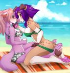 anthro beach bikini blue_eyes blush breasts brown_body brown_fur clothed clothing detailed_background duo ear_piercing eye_contact female female/female fur hair intimate kneeling looking_at_another off_shoulder on_towel open_mouth outside pawpads piercing pink_body pink_fur pink_hair purple_hair red_eyes sand seaside sitting skimpy spots swimwear towel two-piece_swimsuit under_boob wolflady roxy_bradingham sussan canid canine mammal 2015 digital_media_(artwork) watermark