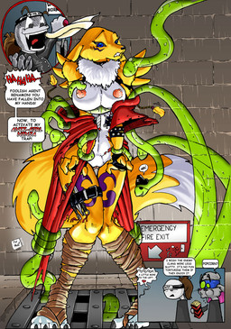 4_toes anthro armband armwear athletic athletic_anthro athletic_female battle_of_the_century belly belt big_breasts black_clothing black_fingerless_gloves black_gloves black_handwear black_nose black_sclera blue_eyes breasts chest_tuft clothing dialogue dipstick_tail elbow_gloves exposed_breasts facial_markings feet female fingerless_gloves food foot_wraps front_view fur genitals gloves grey_sclera group handwear head_markings huge_breasts humor kunai leg_strap leg_wraps markings ninja nipple_fetish nipple_play nipples pink_nipples pirate pirates_vs_ninjas popcorn restrained ryona snout speech_bubble studded_armband studs tail tail_markings tentacles text toes torn_clothing torso_grab translucent translucent_tentacles trapped tuft two_tone_tail undressing voyeur vulva warrior weapon white_belly white_body white_fur white_tail wraps yellow_body yellow_fur yellow_tail kandlin yawg bandai_namco digimon canid canine digimon_(species) mammal renamon english_text