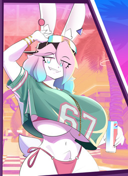 anthro beverage big_breasts blue_eyes blue_hair breasts clothing crotch_tuft drinking_straw ear_piercing eyelashes female female_anthro fur hair hat headgear headwear holding_beverage holding_object holding_soda huge_breasts inner_ear_fluff inside long_ears long_hair narrowed_eyes navel piercing pink_eyes pink_hair short_tail slim_female small_waist smile solo swimwear tail teeth tuft two-piece_swimsuit white_body white_fur wide_hips theycallhimcake grand_theft_auto gta_vi_cover_girl pepsi rockstar_games pb_(theycallhimcake) lagomorph leporid mallkin mammal rabbit 2026 digital_drawing_(artwork) digital_media_(artwork) hi_res busty_boy_(lore) male_(lore)