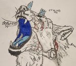 anthro blood blue_mouth blue_tongue bodily_fluids clock eyebrow_scar eyebrows facial_hair facial_scar goatee horn ice_horn male mustache scar self-harm solo tongue watch lorenzo_wolf lorenzo_the_wolf arctic_wolf canid canine canis mammal wolf hi_res traditional_media_(artwork)