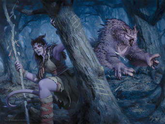 ambiguous_gender beak breasts claws clothing detailed_background duo feathers female feral forest hair holding_object holding_staff horn humanoid_pointy_ears implied_transformation looking_aside open_mouth outside plant pointy_ears purple_body staff tail tree yellow_eyes victor_adame_minguez dungeons_and_dragons hasbro magic:_the_gathering wizards_of_the_coast humanoid owlbear tiefling 4:3 hi_res official_art