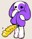 ambiguous_gender anthro big_dildo big_ears blue_spots covering covering_face dildo dot_eyes droopy_eyes eye_spot floppy_ears half-closed_eyes hyper_dildo hyper_ears markings mouthless narrowed_eyes nubbed_dildo pink_spots plushie purple_ears ribbed_dildo seam_(sewing) sex_toy shy simple_background simple_eyes solo spots spotted_body standing strapon white_body yellow_spots kint sprinkles_(kint) animate_inanimate lagomorph leporid living_plushie mammal rabbit colored nonbinary_(lore)