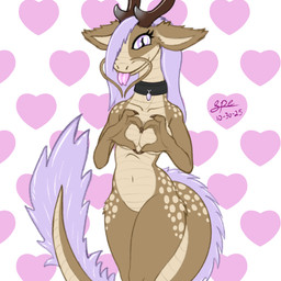 2_horns 5_fingers anthro antlers arm_markings barbel_(anatomy) big_eyes big_tail black_collar blep breasts brown_antlers brown_body brown_claws brown_fur brown_horn claws collar collar_only ear_tuft eyelashes facial_markings featureless_breasts featureless_crotch female female_anthro finger_claws fingers flesh_whiskers forked_tongue front_view fur gesture hair hair_over_eye head_markings heart_gesture heart_pattern_background hip_markings holidays horn humanoid_hands leg_markings leg_tuft long_hair long_neck long_tail looking_at_viewer mane markings medium_breasts multicolored_body multicolored_fur navel neck_markings nude nude_anthro nude_female pattern_background pink_tongue pointy_ears pose prick_ears pupils purple_eyes purple_hair purple_mane scales shoulder_markings simple_background slit_pupils smile smiling_at_viewer snout solo spots spotted_body spotted_fur standing tail tail_mane tail_markings tail_tuft tan_body tan_fur tan_scales tan_spots tapering_tail thick_tail thick_thighs thigh_markings thigh_tuft tongue tongue_out tuft two_tone_body two_tone_fur ventral_scales wide_hips spe mythology valentine's_day alina_(spe) deer dragon eastern_dragon hybrid kirin mammal mythological_creature mythological_scalie scalie 1:1 2025 dated digital_drawing_(artwork) digital_media_(artwork) flat_colors hi_res pinup portrait procreate_(artwork) signature three-quarter_portrait