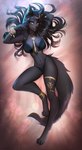 anthro athletic athletic_female bed bed_sheet bedding black_body black_fur black_hair body_jewelry clothed clothing female fur furniture gold_(metal) gold_jewelry hair jewelry lingerie long_hair long_legs long_tail pose solo tail yellow_eyes conditional_dnp sadbitch agardia_(character) canid canine canis mammal wolf digital_media_(artwork) hi_res pinup shaded