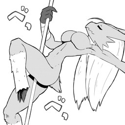 anthro bandage beak big_breasts breasts claws dancing eyes_closed feathers female onomatopoeia pole pole_dancing short_tail slim solo sound_effects tail text akatosh_el_shota_furro nintendo pokemon avian bird blaziken generation_3_pokemon pokemon_(species) 1:1 hi_res monochrome