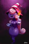 8-tomb breasts clothing female fire ghost gloves hair handwear hat headgear headwear hi_res mario_bros mostly_nude nintendo not_furry open_mouth paper_mario pink_hair purple_background shadow_siren simple_background solo spirit vivian_(mario) wide_hips