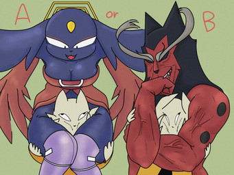 anthro big_breasts big_ears black_eyes black_nose black_sclera blue_body blue_fur breasts cleavage clothed clothing eyeshadow female forehead_gem front_view fur gem green_background group halo head_between_thighs makeup male muscular muscular_male open_mouth open_smile prosthetic prosthetic_leg prosthetic_limb pupils red_body red_clothing red_eyes red_eyeshadow red_fur simple_background size_difference slit_pupils smile tan_body tan_fur thick_thighs trio wide_hips yellow_clothing canacrow nine_sols red_candle_games goumang_(nine_sols) jiequan_(nine_sols) yi_(nine_sols) felid feline mammal solarian 4:3 hi_res