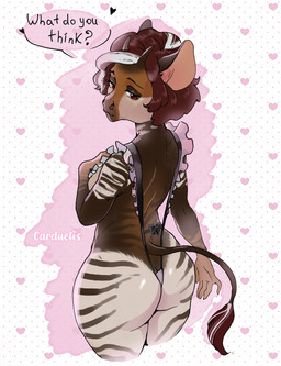 anthro big_butt brown_body brown_fur brown_hair butt clothed clothing dialogue female fur hair heart_symbol horn lingerie ossicone rear_view red_eyes skimpy solo speech_bubble striped_body stripes text wide_hips carduelis giraffid mammal okapi english_text hi_res