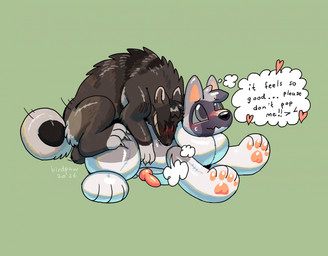 4_toes animal_genitalia animal_penis back_bite bite biting_another black_nose blush breath brown_body brown_face brown_fur brown_tail canine_genitalia canine_penis countershading dipstick_ears duo ear_markings feet feral from_behind_position fur genitals green_background green_eyes grey_body grey_sclera humping inflatable knot knotted_penis looking_pleasured male mounting multicolored_ears pawpads penis peril pink_pawpads pool_toy_humping sex simple_background tail tan_body tan_countershading tan_ear_tips tan_feet tan_sclera tan_tail text thought_bubble toes birdpaw_(artist) animate_inanimate canid canine canis domestic_dog living_inflatable living_pool_toy mammal 2026 artist_name digital_drawing_(artwork) digital_media_(artwork) english_text hi_res shaded