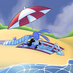 4_fingers anthro beach beach_towel beach_umbrella caressing_face clothing duo eyes_closed female fingers kiss_on_lips kissing lying male matching_outfits on_back one-piece_swimsuit parasol pattern_clothing pattern_topwear striped_clothing striped_topwear stripes swimming_trunks swimwear tail tail_motion tailwag topwear towel upside_down_kiss screaming_alice glitch_productions the_amazing_digital_circus jax_(tadc) pomni_(tadc) humanoid lagomorph leporid mammal rabbit 1:1 absurd_res hi_res
