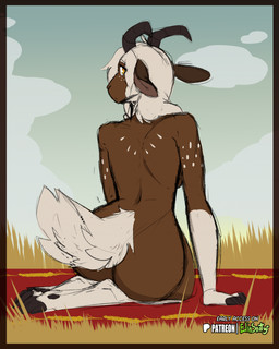 2_horns anthro back_boob biped breasts brown_body butt cloud cloven_hooves female fingers fur hair hooves horn kneeling looking_at_viewer looking_back looking_back_at_viewer markings nude nude_anthro nude_female outside rear_view sky solo tail tan_body tan_fur tan_hair tan_markings unguligrade yellow_eyes spiritelin sitari_(spiritelin) bovid caprine goat mammal 2026 digital_drawing_(artwork) digital_media_(artwork) hi_res