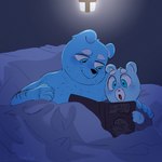 anthro bed bedding black_book black_nose blanket blue_body blue_eyes book duo furniture hug male tired young young_anthro sciaecallo unicorn_wars azulin's_father azulin_(unicorn_wars) bear mammal 2023