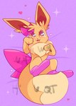 3rd_party_watermark anonymous_artist bed bow_accessory butt_bow clothing distracting_watermark eevee female feral furniture generation_1_pokemon legwear nintendo nuzzle_the_eevee pokemon pokemon_(species) solo thigh_highs watermark