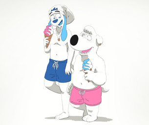 anthro black_nose blue_bottomwear blue_clothing blue_eyes blue_nose blue_shorts bottomwear clothed clothing dessert duo ear_piercing ear_ring featureless_chest food fur gold_(metal) gold_ear_ring gold_jewelry ice_cream ice_cream_cone jewelry male navel necklace no_shoes piercing pink_bottomwear pink_clothing pink_shorts ring_piercing shorts talking_to_another topless topless_anthro topless_male walking white_body white_fur ty_pesh family_guy jasper_(family_guy) canid canine canis domestic_dog mammal digital_drawing_(artwork) digital_media_(artwork) hi_res
