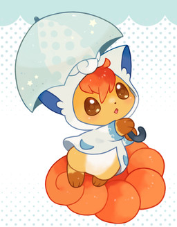 3_toes ambiguous_gender blue_clothing blue_coat blue_topwear blue_umbrella brown_body brown_eyes brown_fur brown_markings chibi clothing coat curled_tail feet feral fur gloves_(marking) hair holding_object holding_umbrella leg_markings markings multi_tail multicolored_body multicolored_fur open_mouth orange_body orange_fur orange_hair orange_tail paws pokemon_clothing socks_(marking) solo star tail tan_body tan_fur toes topwear umbrella white_clothing white_coat white_markings white_topwear michi_runi nintendo pokemon canid canine generation_1_pokemon mammal pokemon_(species) vulpix digital_media_(artwork) unavailable_at_source