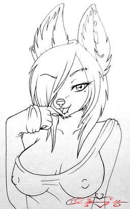 anthro breasts cleavage clothed clothing female hair hair_over_eye nipples one_eye_obstructed piercing shirt simple_background skimpy solo topwear translucent translucent_hair white_background silky-fur canid canine mammal black_and_white line_art monochrome source_request