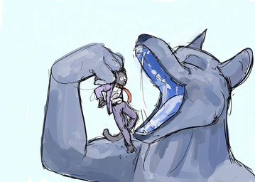anthro black_body black_fur blue_background blue_mouth blue_tongue bodily_fluids bottomwear clothed_micro clothed_prey clothing duo eyes_closed feet fur grey_body grey_fur imminent_oral_vore imminent_vore looking_into_mouth macro macro_male macro_pred male male/male micro micro_male micro_prey necktie nude_macro nude_pred open_mouth pants red_necktie saliva saliva_string sharp_teeth simple_background suit suit_jacket teeth tongue wide_eyed willing_pred jeri_kleinlowe felid feline mammal species_request 2012 colored guide_lines