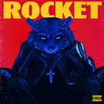 album_cover album_redraw anthro arms_on_knees blue_and_red clothing cover cross cross_necklace guardians_of_the_galaxy gwen_the_psychic hand_on_head hi_res jewelry looking_at_viewer male mammal marvel necklace parental_advisory_sticker procyonid raccoon red_background ring_(jewelry) rocket_raccoon rogertaylorswift simple_background solo starboy_(album) text the_weeknd whiskers yellow_text