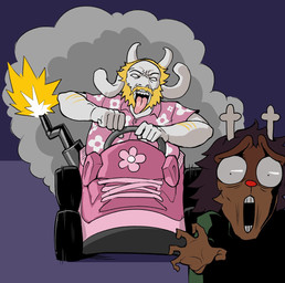 2_horns aloha_shirt ambiguous_gender anthro antlers beard blonde_beard blonde_facial_hair blonde_hair brown_body brown_fur car clothed clothed_anthro clothed_male clothing constricted_pupils duo facial_hair fur hair horn male no_pupils open_mouth overweight overweight_anthro overweight_male pattern_clothing pattern_shirt pattern_topwear pupils red_nose running running_away shirt shitpost small_pupils teeth tongue tongue_out topwear vehicle white_body white_fur wide_eyed fanteliscio asgore_running_over_dess deltarune flightreacts heat_cheque undertale_(series) asgore_dreemurr dess_holiday boss_monster_(undertale) bovid caprine deer goat mammal new_world_deer reindeer 2025 album_cover cover digital_drawing_(artwork) digital_media_(artwork) english_description hi_res meme female_(lore)