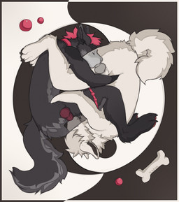anthro black_body black_fur butt duo facial_piercing fur genitals hair leg_grab lip_piercing male male/male nose_piercing nose_ring nude oral oral_only paws penis piercing pink_hair ring_piercing sex simple_background tail toy white_body white_fur yin_yang kazarart canid canine canis domestic_dog mammal nordic_sled_dog samoyed spitz wolf absurd_res hi_res