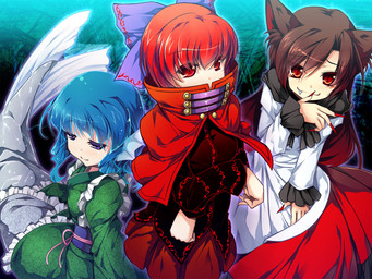 accessory blue_eyes blue_hair bow_ribbon brown_hair capelet clothing colored_nails dress ear_fins female fin fingernails frilly frilly_clothing green_clothing group hair hair_accessory hair_bow hair_ribbon long_fingernails looking_at_viewer nails red_capelet red_clothing red_dress red_eyes red_fingernails red_hair red_nails ribbons smile split_form trio white_clothing white_dress chima_q touhou kagerou_imaizumi sekibanki wakasagihime animal_humanoid aquatic canid canid_humanoid canine canine_humanoid human humanoid mammal mammal_humanoid merfolk wolf_humanoid 2013 4:3