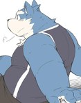 anthro belly black_nose blue_body bottomwear clothing humanoid_hands kemono male overweight overweight_male shirt shorts simple_background sitting solo topwear ayame42612 canid canine canis domestic_dog mammal 2015