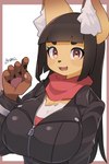 2:3 absurd_res anthro arumo big_breasts black_clothing black_hair black_jacket black_topwear blush border breasts canid canine claws cleavage clothed clothing cute_fangs female fox fur hair hi_res inner_ear_fluff jacket kemono kerchief komena_akamori leather leather_clothing leather_jacket leather_topwear looking_at_viewer mammal neckerchief open_mouth outside_border pawpads ponytail signature simple_background solo topwear tuft white_background white_body white_fur yellow_body yellow_fur zipper