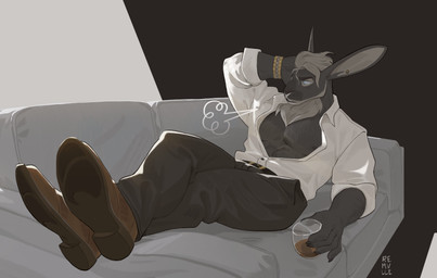 anthro belt black_body black_fur bottomwear breath clock clothed clothing collared_shirt dress_shirt ear_piercing ear_stud footwear fur furniture grey_body grey_fur hand_behind_head holding_glass holding_object male male_anthro muscular muscular_anthro muscular_male on_sofa open_clothing open_shirt open_topwear pants pecs piercing shirt shoes sofa solo topwear watch whisker_spots wristwatch remulle_(artist) lagomorph leporid mammal rabbit absurd_res hi_res