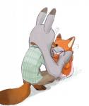 anthro barefoot bottomwear claws clothed clothing crouching duo eyes_closed fake_ears fake_fox_ears fake_rabbit_ears feet fully_clothed fur grey_body grey_fur pants shirt simple_background smile toe_claws topwear white_background monmokamoko disney zootopia judy_hopps nick_wilde canid canine fox lagomorph leporid mammal rabbit red_fox true_fox 2019 hi_res