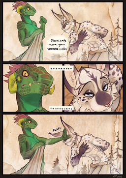 anthro barely_visible_areola blue_eyes breasts claws clothed clothing covering covering_self dialogue duo fangs female female_anthro flirting fur green_body green_scales hand_on_face horn male male_anthro medium_breasts nude outside scales spots teeth text topless topless_male yellow_sclera danogambler microsoft the_elder_scrolls aardesh argonian felid feline lynx mammal scalie comic english_text hi_res