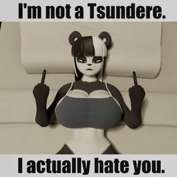 angry anthro bed big_breasts breasts camisole clothed clothing female fur furniture gesture glare hair hand_gesture hate middle_finger multicolored_body solo white_body mrmeatlovers scrag_(modeler) qi_(scraggy) bear giant_panda mammal 1:1 3d_(artwork) 3d_animation animated digital_media_(artwork) hi_res meme no_sound short_playtime video