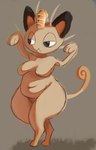 anthro belly breasts featureless_breasts female paws pupils short_stack simple_background slightly_chubby solo tan_body thick_thighs wide_hips monjja nintendo pokemon felid generation_1_pokemon mammal meowth pokemon_(species) hi_res