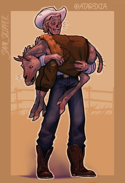 abstract_background ambiguous_gender blue_bottomwear blue_clothing blue_jeans blue_pants bomber_jacket boots bottomwear clothed clothing cowboy_boots cowboy_hat denim denim_bottomwear denim_clothing duo feral footwear fully_clothed hat headgear headwear holding_another jeans missing_nose necrosis not_furry outside pants shoes smile smiling_at_viewer standing text atar3xia fallout microsoft sam_skipper_(atar3xiaa) whisker_(atar3xiaa) equid equine ghoul_(fallout) horse humanoid mammal artist_name english_description hi_res