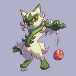 ambiguous_gender anthro claws finger_claws fur green_body green_fur red_eyes simple_background solo yo-yo advos nintendo pokemon floragato generation_9_pokemon pokemon_(species) 1:1