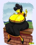 4_fingers anthro big_breasts black_hair breasts brown_eyes clothing dress female fingers footwear gesture hair hand_gesture huge_breasts shoes sitting solo v_sign wall_(structure) yellow_body kuge piku_(kuge) caviid guinea_pig mammal rodent hi_res