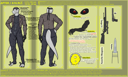 accessory anthro athletic black_eyes blood bodily_fluids border clothing colored_blood description gore grey_body grumpy gun handgun headband jacket jumpsuit katar leather leather_clothing leather_jacket leather_topwear male melee_weapon parasite pupils ranged_weapon red_pupils rifle scar sniper_rifle solo standing sword text topwear unusual_blood unusual_bodily_fluids weapon wounded yellow_blood yellow_border aptertheraptor a16.rl dinosaur dromaeosaurid prehistoric_species reptile saurischian scalie theropod velociraptor absurd_res english_text hi_res model_sheet