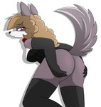 anthro bodysuit bronze butt clothed clothing collar female footwear looking_at_viewer looking_back looking_pleasured mafia red_eyes skinsuit socks solo tail tail_tuft tight_clothing tuft pencil_bolt luna_(pencil_bolt) canid canine canis mammal wolf hi_res