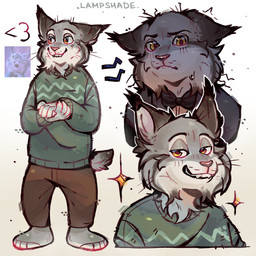 anthro barefoot black_ear_tips black_lips bottomwear brown_bottomwear brown_clothing brown_pants cheek_tuft clothing dipstick_ears ear_markings facial_tuft feet fur green_clothing green_sweater green_topwear grey_body grey_fur hands_together heart_symbol lips looking_at_viewer male multicolored_ears orange_eyes pants pink_nose short_tail simple_background smile solo sparkles sweater tail topwear tuft whiskers white_body white_fur yellow_eyes lampshade_(artist) disney zootopia pawbert_lynxley canada_lynx felid feline lynx mammal 1:1 hi_res