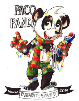 anthro black_body black_fur bottomwear christmas_decorations christmas_lights clothed clothing front_view fur glistening glistening_eyes green_bottomwear green_clothing green_shorts head_tuft male male_anthro open_mouth open_smile shorts smile solo standing text topless tuft white_body white_fur young young_anthro young_male pandapaco parinton bear giant_panda mammal full-length_portrait portrait url